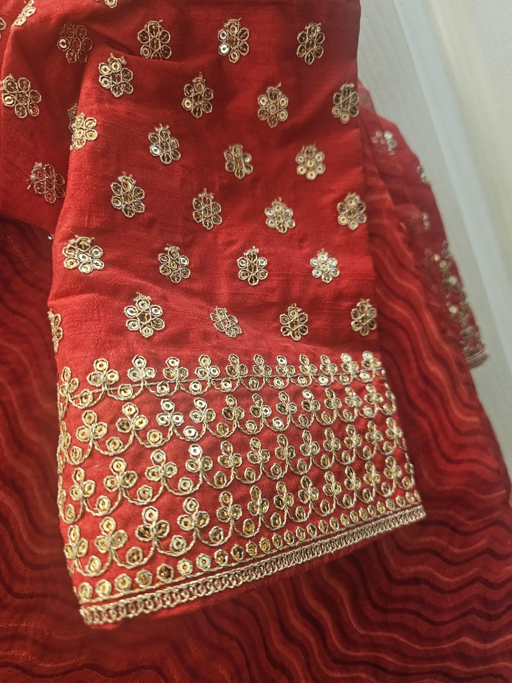 Red Embroidered Ethnic Saree with Gold Sequin Detail And Readymade Blouse